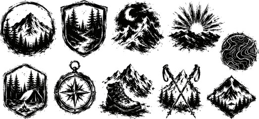Fototapeta premium Set of twelve vintage black outdoor adventure badges and emblems with mountains, waves, trees, and compass designs