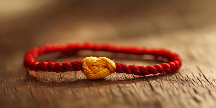 Raksha bandhan themed red braided bracelet with a yellow knot and tassel on a wooden background raksha bandhan, raksha bandhan image