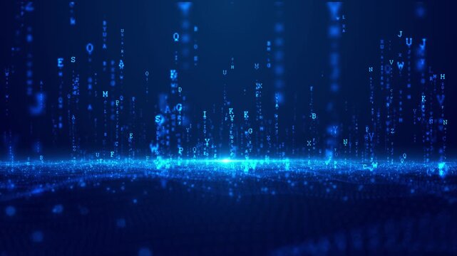 Falling blue code characters visual bright alphabet columns, glowing data floor, cinematic digital depth. programming edits, cybersecurity themes, AI presentations, 19 titles, motion