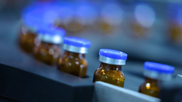 vials factory of powder injections. liquid medical drug filling glass vials rotating for packaging in an injection production line in a pharmaceutical manufacturing company medicine making process