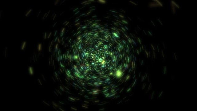 Colorful spinning hyperspace light tunnel on a black background