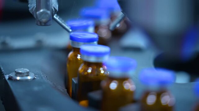 vials factory of powder injections. liquid medical drug filling glass vials rotating for packaging in an injection production line in a pharmaceutical manufacturing company medicine making process