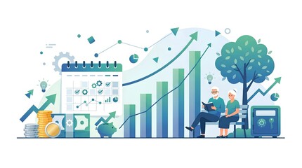 Naklejka premium Comprehensive financial planning for a secure retirement, illustrating investment growth, diligent savings, and long-term wealth management for seniors