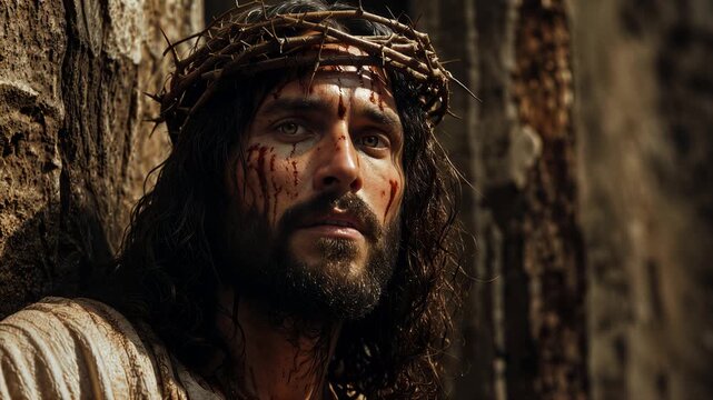 A dramatic close-up captures the suffering of Jesus Christ, adorned with a crown of thorns and marked by blood