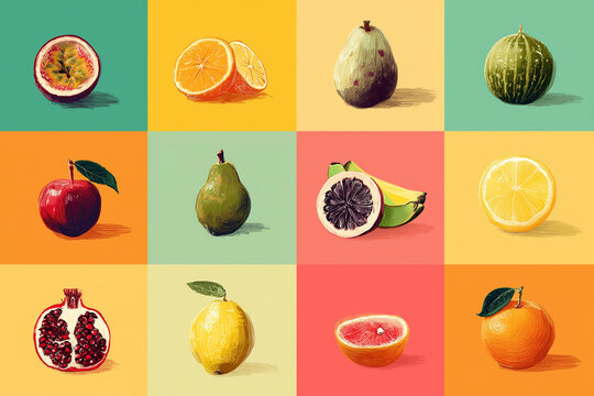 Assorted sketched fruit collection on vibrant grid pattern