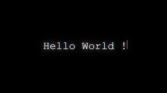 Animated Hello World typing text blinking cursor on black background. programming introduction typewriter effect, coding tutorials, software presentations, developer 19 branding, educational