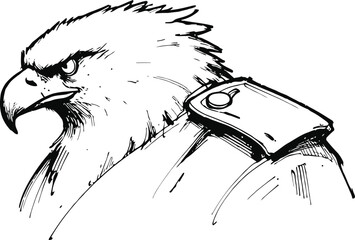Obraz premium Eagle head illustration with military shoulder epaulette, fierce predatory bird sketch drawing