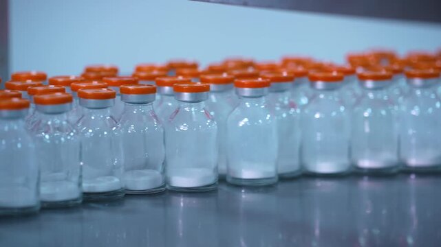 vials factory of powder injections. powder medical drug filling glass vials rotating for packaging in an injection production line in a pharmaceutical manufacturing company medicine making process