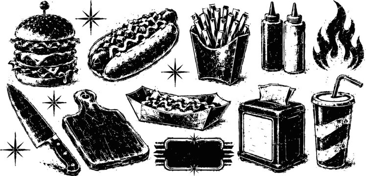 Black and white retro diner food icons burger, hot dog, fries, soda, condiments, grill flames, cutting board and knife