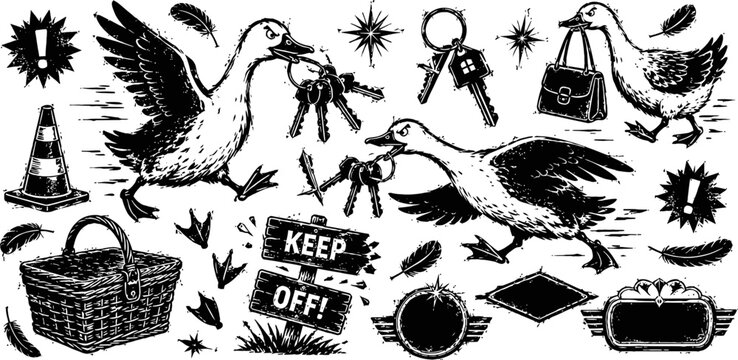 vintage black and white illustration of geese carrying keys, bags, and various objects in rustic