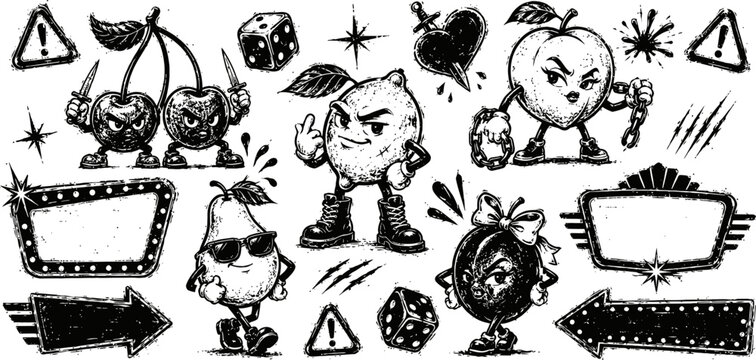 Grunge fruit characters with bold expressions, speech bubbles, arrows and dice in black ink sketch