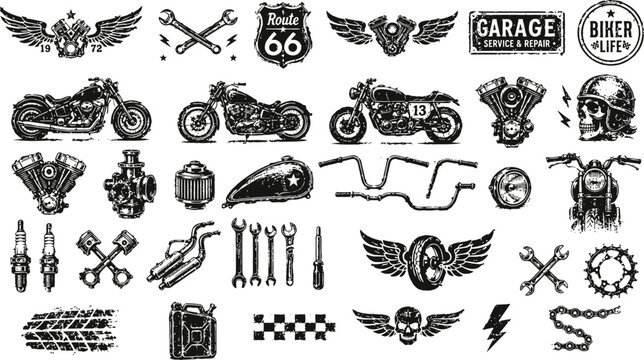 Black vintage motorcycle and biker culture icons collection classic bikes, mechanical tools, and emblem designs