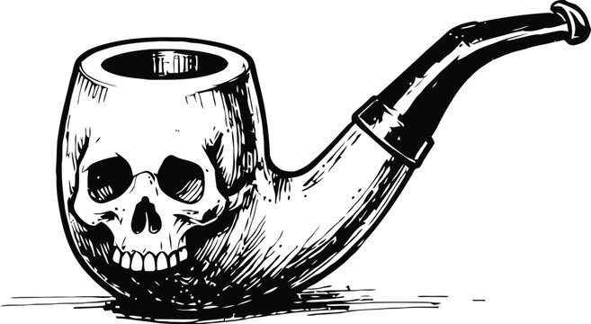 Vintage smoking pipe with skull design retro monochrome illustration gothic, spooky art concept
