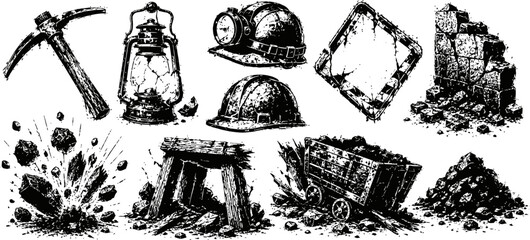 Obraz premium black and white vintage mining tools and elements pickaxe, helmet, lantern, mining cart, explosion and rubble illustration