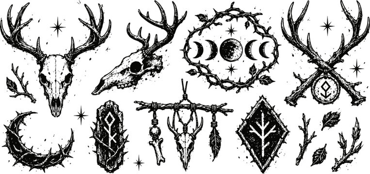 hand drawn deer skulls with antlers and mystical symbols moon phases, runes, stars, and botanical elements in black ink