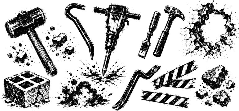 Black and white construction tools set with hammer, crowbars, drill, chisels and bricks