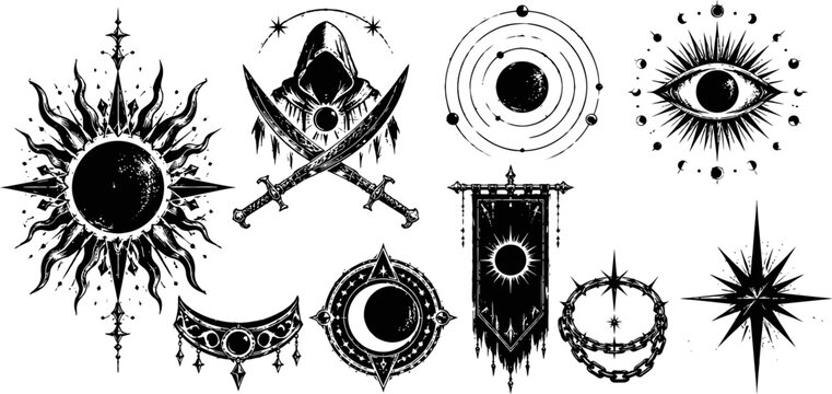 celestial and mystical symbols set sun, moon, eye, stars, swords, cosmic and occult designs