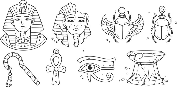 Ancient egyptian symbols and artifacts pharaoh mask, broken statue, scarab beetles, ankh, eye of horus, scepter, stone pedestal