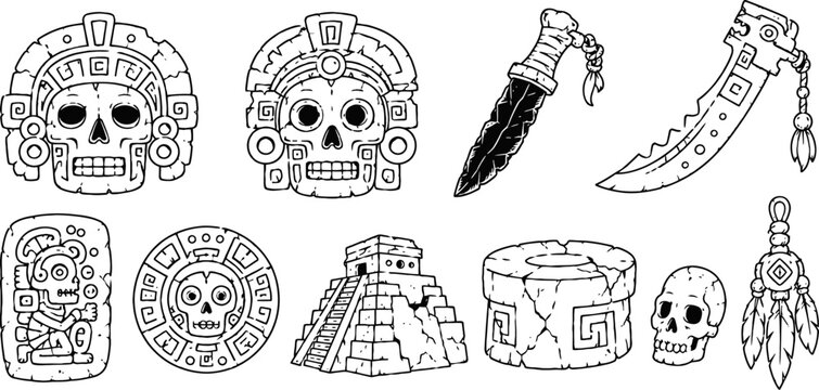 Ancient aztec symbols and artifacts stylized skulls, pyramid, dagger, drum, and dreamcatcher illustrations