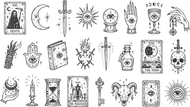 Mystical occult symbols set with tarot cards, crystal ball, skull, candles, daggers, and magical hands