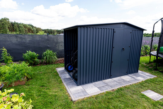 Modern anthracite corrugated steel garden shed
