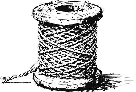 Vintage spool of twine with wrapped rope, detailed hand drawn illustration of textured string coil