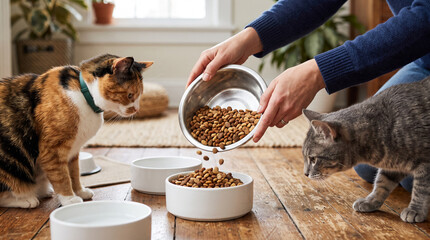 Naklejka premium Owner pouring dry kibble into bowls for two domestic cats.