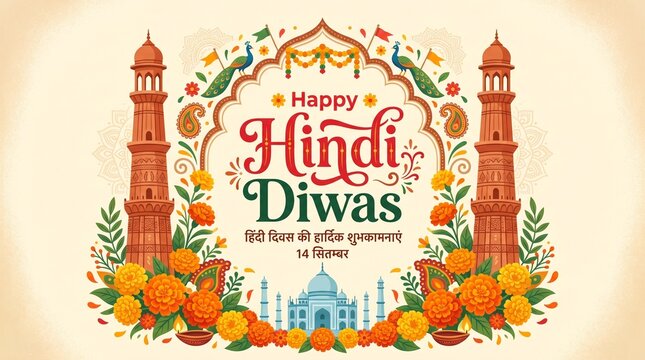 Hindi Diwas Artwork with Indian Heritage and Cultural Symbols