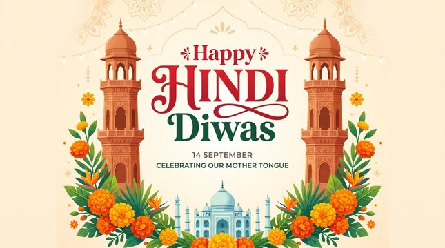 Hindi Diwas Artwork with Indian Heritage and Cultural Symbols