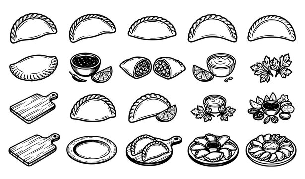 Empanadas Vector Collection with Dipping Sauces Lime Wedges and Fresh Parsley Food Illustration Set