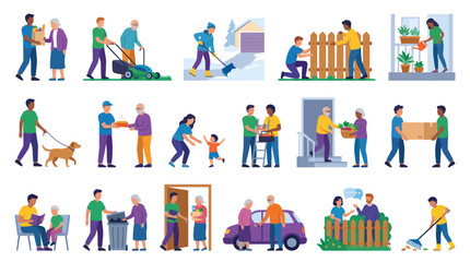Fototapeta premium People Helping Each Other: Community Support Neighborly Acts of Kindness Flat Vector Illustration