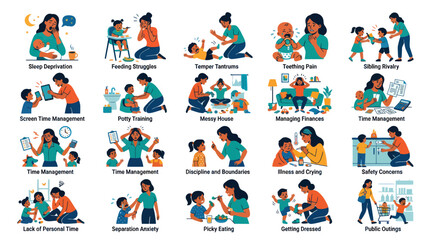 Fototapeta premium Parenting Challenges Flat Icons: Sleep, Tantrums, Health, Siblings, Time