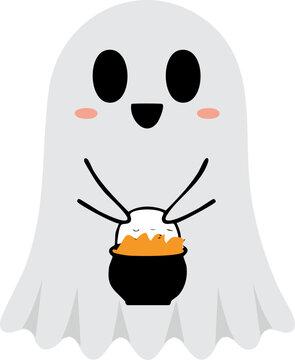  Un fantasma sonriente sostiene un peque&ntilde;o caldero lleno de dulces. Ideal para dise&ntilde;os de Halloween.