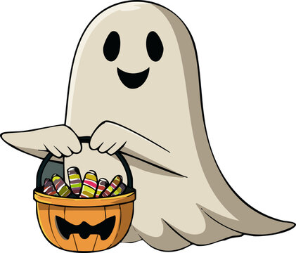  Un fantasma feliz sostiene una cesta llena de caramelos de Halloween. Perfecto para tarjetas y decoraci&oacute;n.