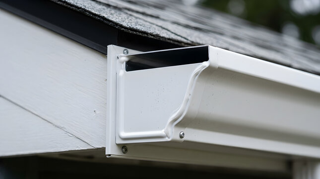 white seamless gutter installation | roofing gutter end cap detail | residential house rain gutter system | metal guttering on asphalt shingle roof