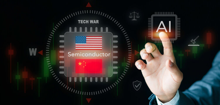 Businessman pointing at AI chip for semiconductor tech war concept. US China microchip trade conflict, global hardware market competition, geopolitical policy crisis, and stock trading.