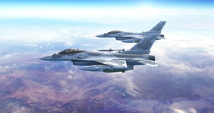 Military air force F-16 jet fighters flying over desert mountain in formation. War Related 3D Animation.