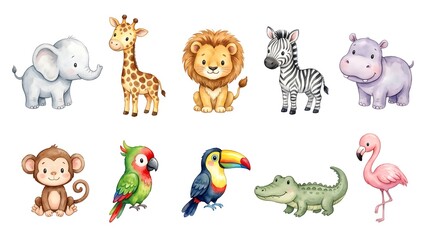 Obraz premium Cute safari animal set. Watercolor jungle creatures for nursery decor and kids design.