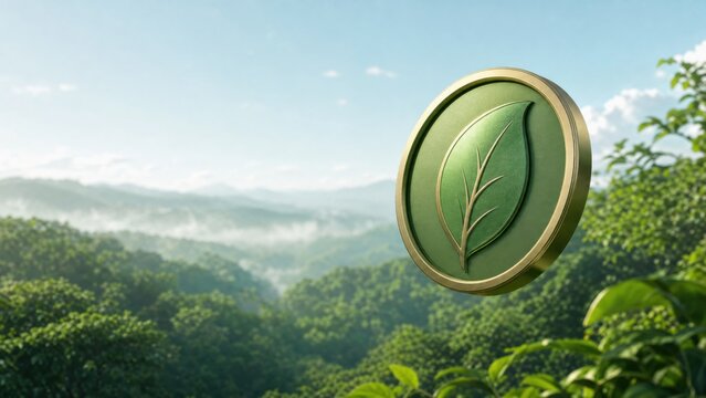 Green Leaf Coin Floating Above Forest Canopy Symbolizing Carbon Credit