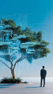 This image captures a man in a suit gazing at a tree, symbolizing the intersection of business, technology, and nature. Digital circuit patterns overlay the serene outdoor scene, evoking innovation