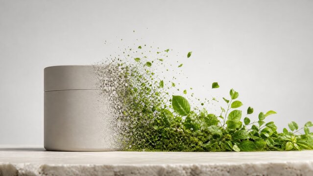 Ceramic Jar Dissolving Into Green Leaves Concept of Biodegradable Packaging