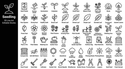 Fototapeta premium Large Seedling Growth and Gardening Line Art Icon Set with Plant Care Elements Vector Illustration