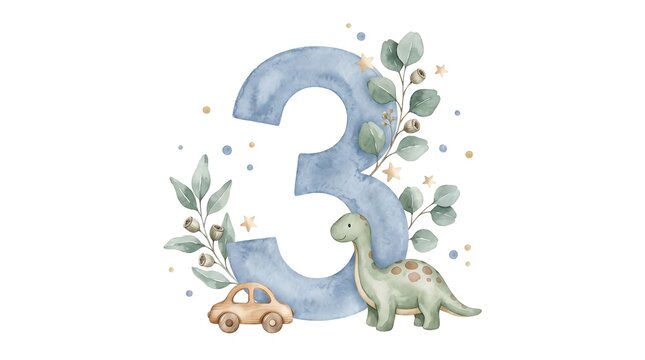 Watercolor number three with dinosaur. Cute birthday card design for baby boy.