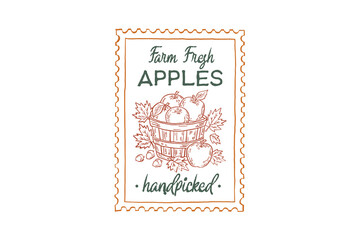 Fototapeta premium Vintage fall stamp farm fresh apples handpicked lettering with hand drawn basket of apples and maple leaves line art Design