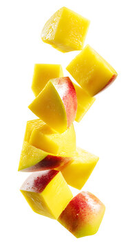 Fresh ripe mango fruit cubes falling down in the air ai generated