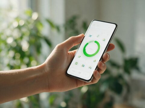 Hand Holding Smartphone With Green Sustainability Tracking App