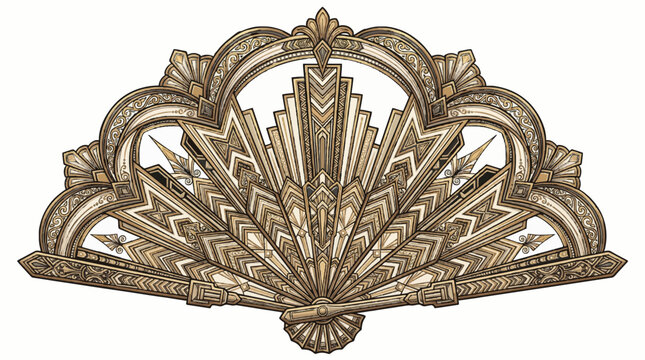 Detailed Art Deco style hand fan design, with intricate geometric patterns in gold and bronze tones, isolated on a white background