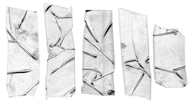Set of five realistic adhesive tape strips with wrinkles and realistic textures on a transparent background