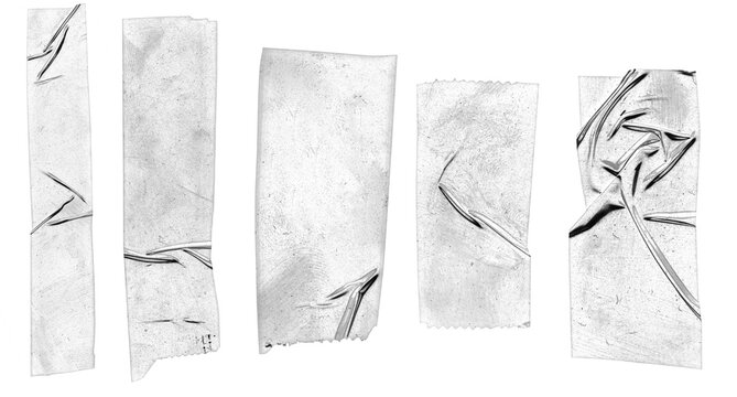 Set of five realistic adhesive tape strips with wrinkles and realistic textures isolated on a clean transparent background