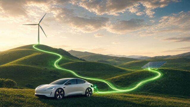Electric Car Connected to Wind Turbine and Solar Panel by Energy Line
